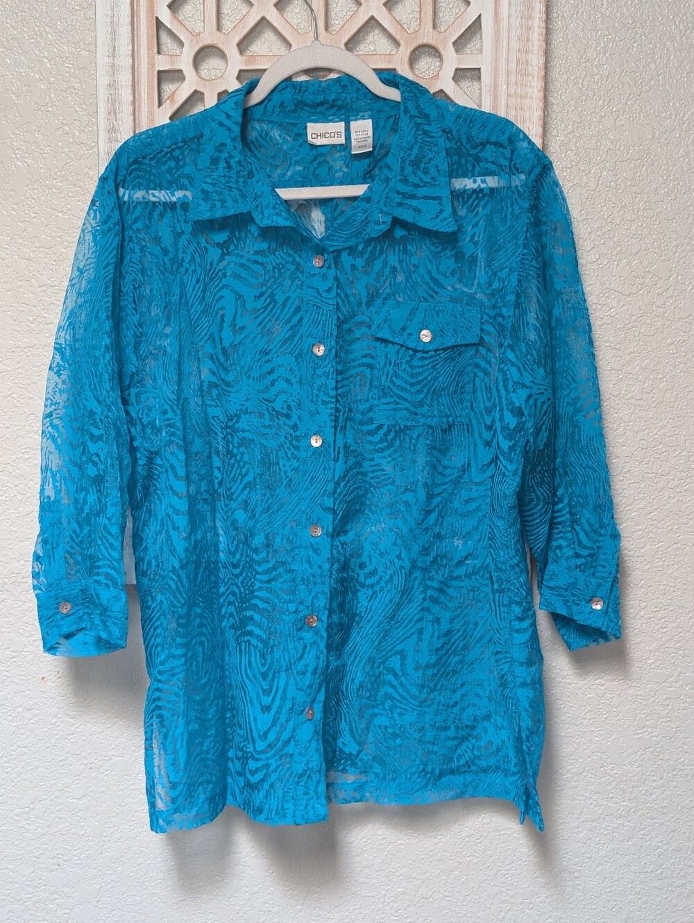 Chico's Turquoise Sheer Zebra Print Button-Up Shirt Size 3 (XL) Coastal Colorful